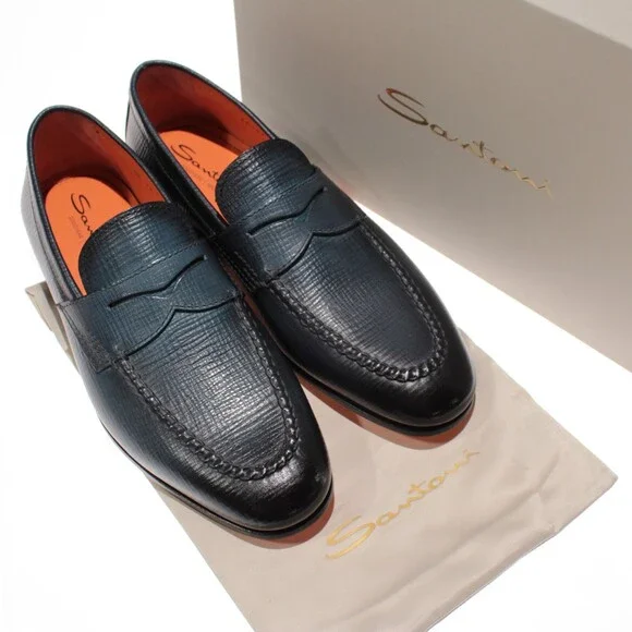 Santoni NWB Door Loafers Size 7.5 US 8.5 in Blue Leather Made in Italy - Picture 1 of 11